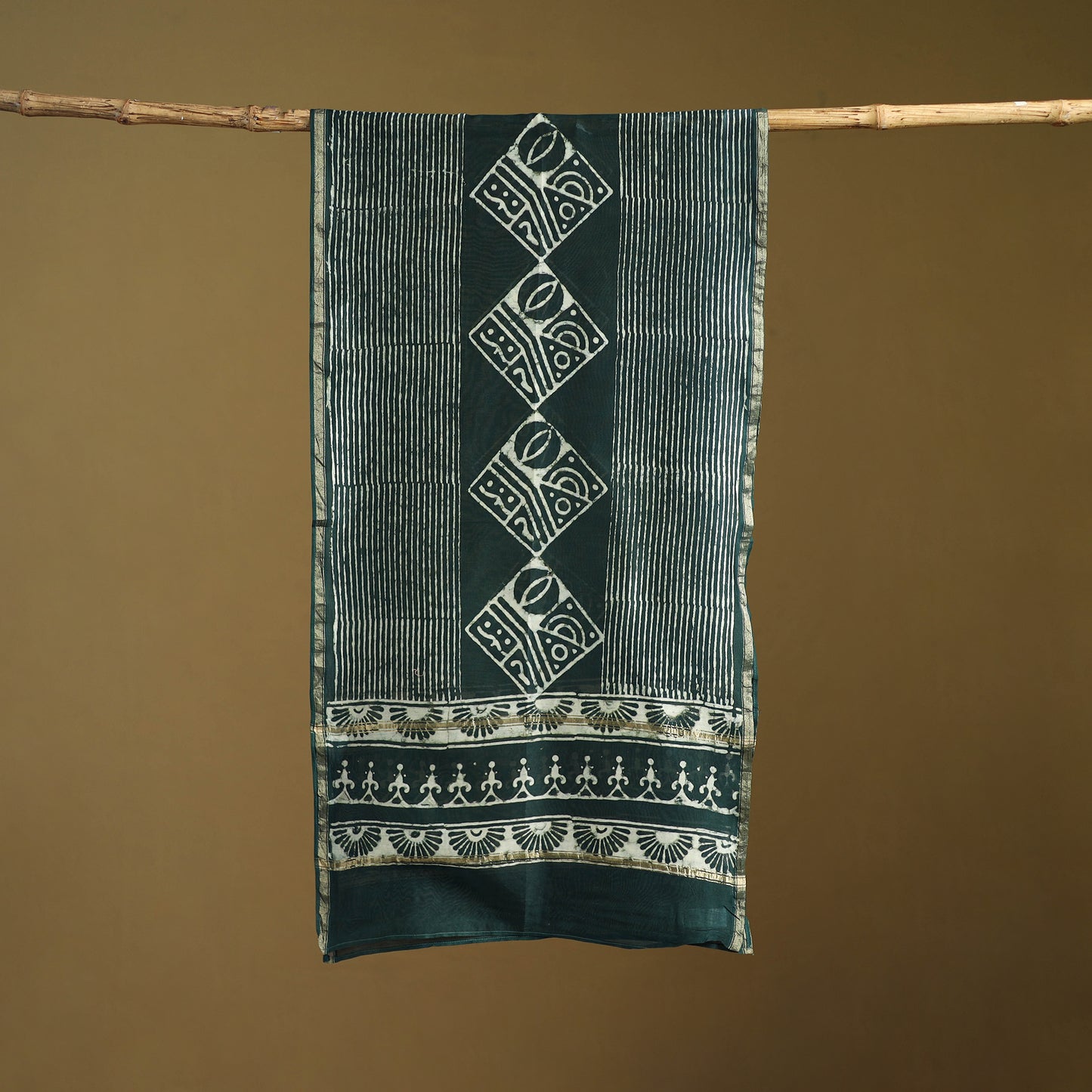Green - Pipad Hand Block Print Natural Dyed Chanderi Silk Handloom Stole 62