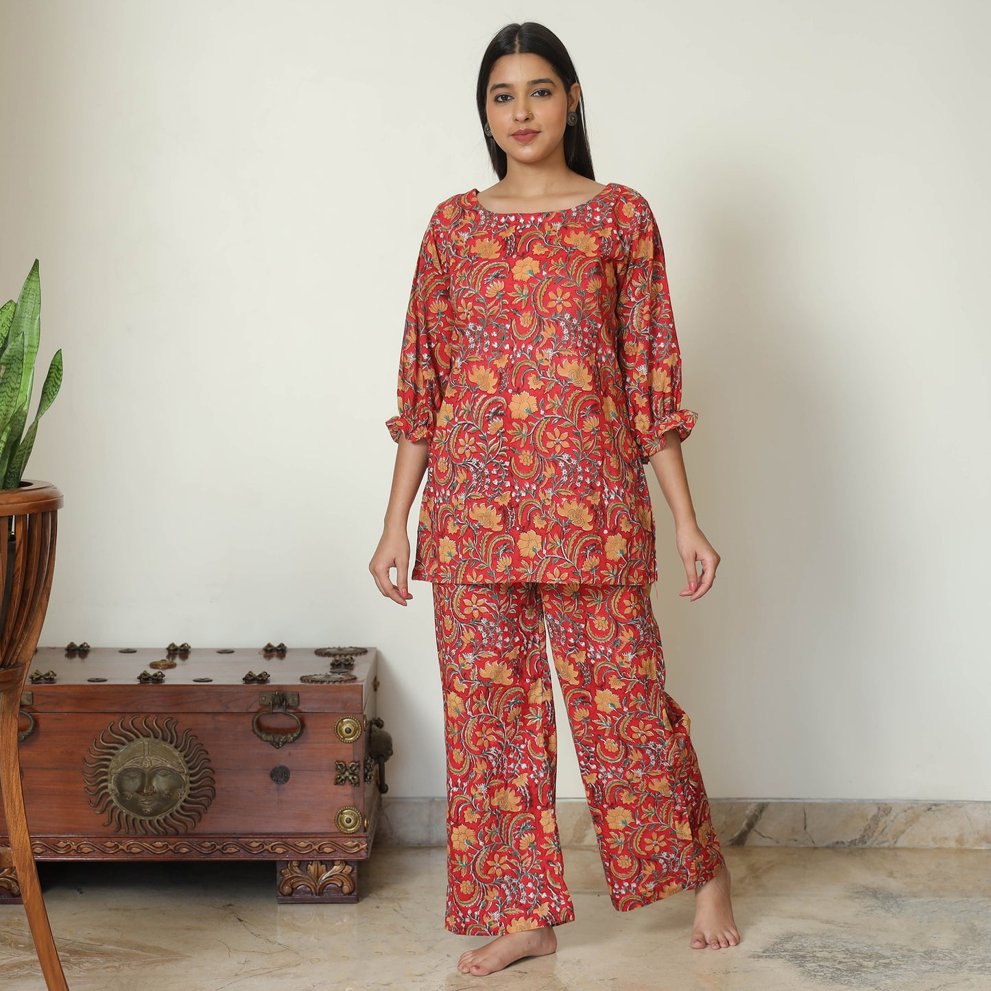 Red - Sanganeri Block Printed Cotton Night Suit Set 17