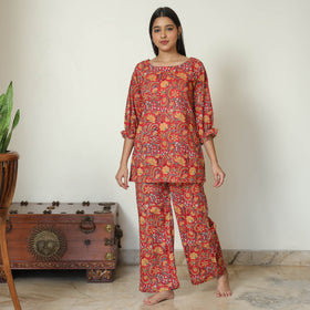 Red - Sanganeri Block Printed Cotton Night Suit Set 17