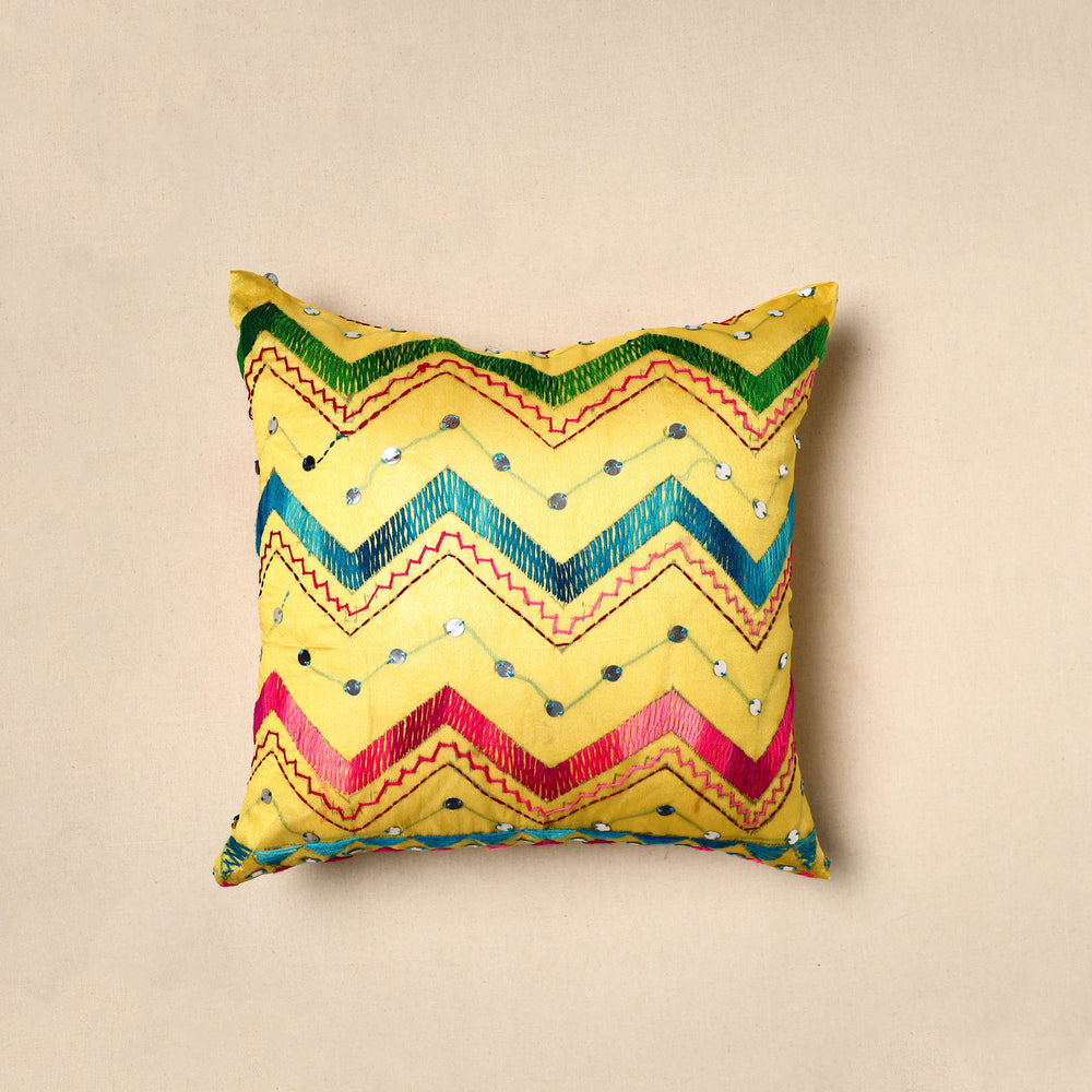 Yellow - Chinon Phulkari Embroidered Cushion Cover (16 x 16 in) 03