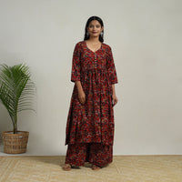 Red - Flared Cotton Block Print Kalamkari Kurta Set 05