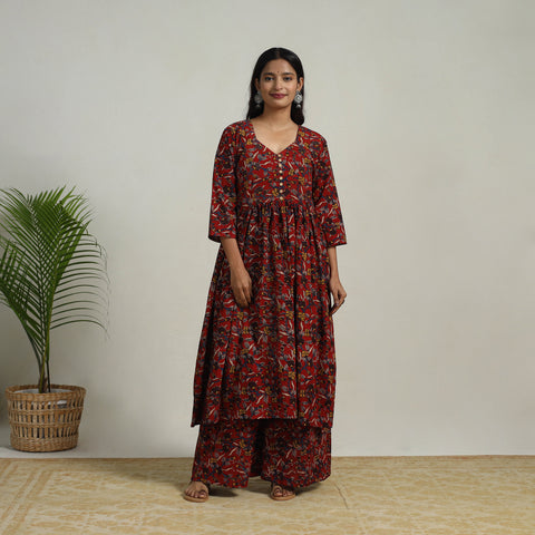 Flared Cotton Block Print Kalamkari Kurta Set 05