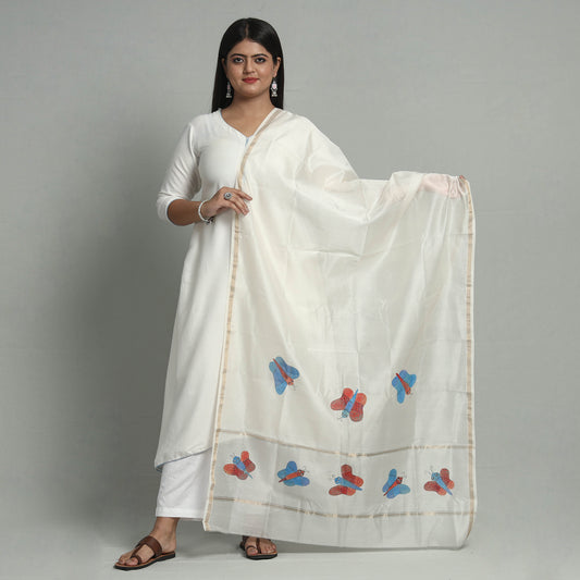 White - Original Gond Handpainted Handloom Chanderi Silk Dupatta