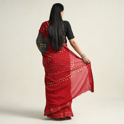 Red - Kutch Bandhani Tie-Dye Cotton Saree with Blouse Piece