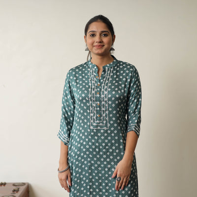 Green - Tie & dye Modal Silk Straight Bandhani Kurta 02