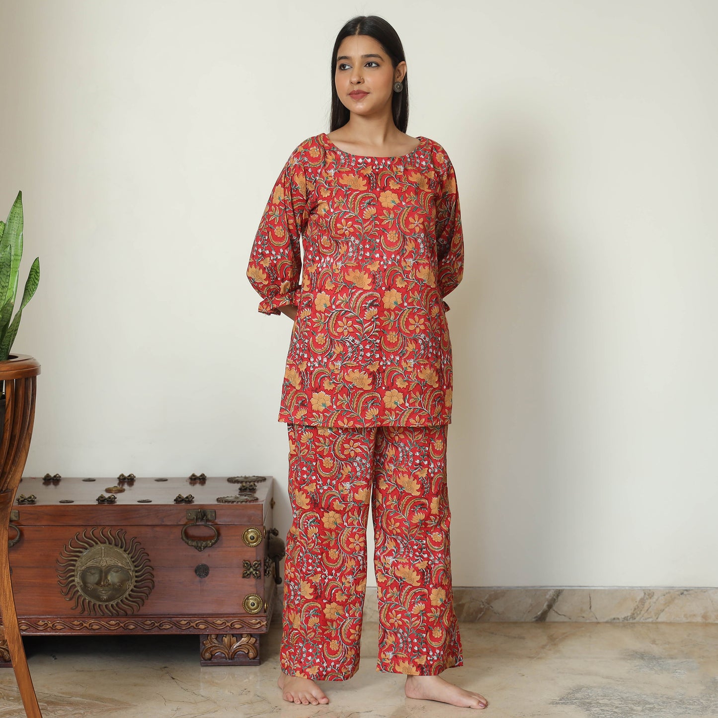 Red - Sanganeri Block Printed Cotton Night Suit Set 17