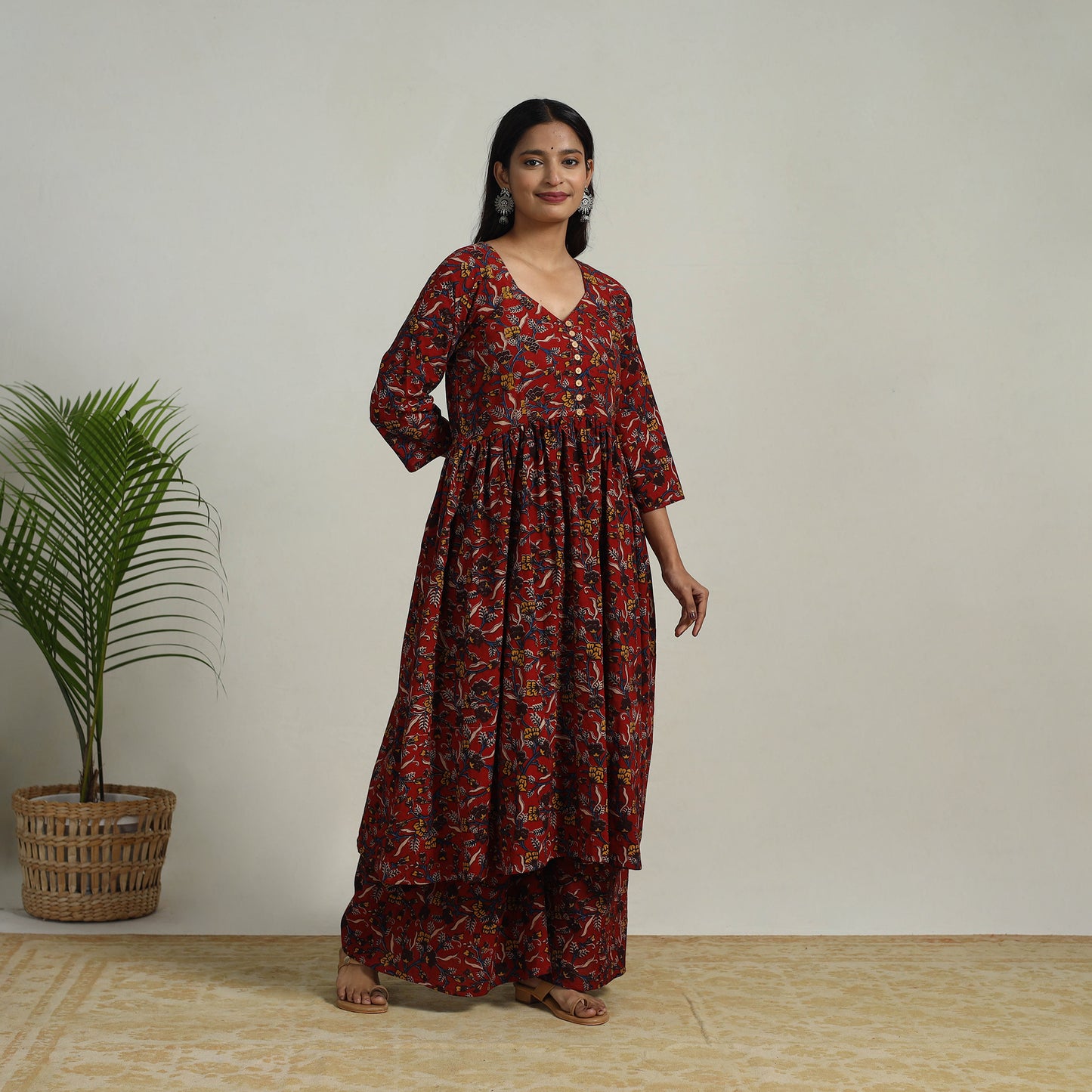 Red - Flared Cotton Block Print Kalamkari Kurta Set 05