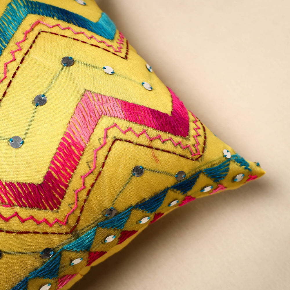 Yellow - Chinon Phulkari Embroidered Cushion Cover (16 x 16 in) 03