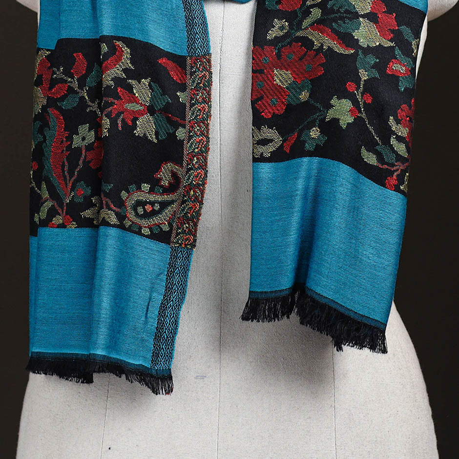 Blue - Plain Modal Silk Stole with Woven Border for Women 08