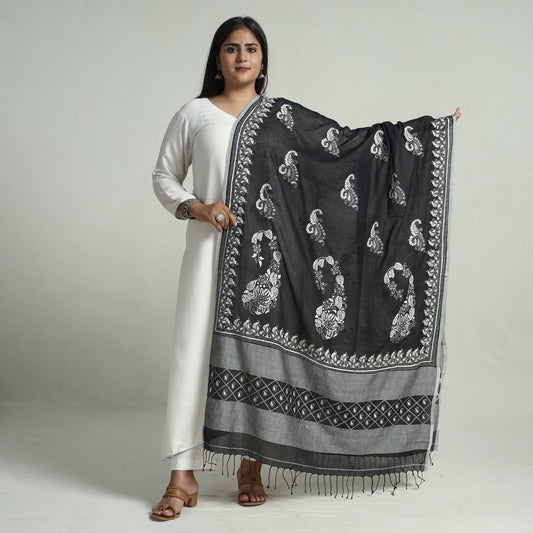 Black - Bengal Kantha Embroidery Cotton Handloom Dupatta 117