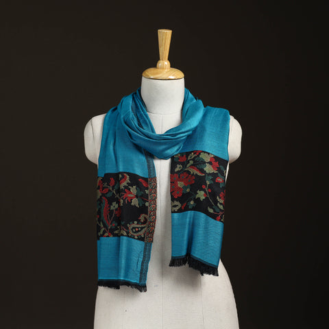 Blue - Plain Modal Silk Stole with Woven Border for Women 08