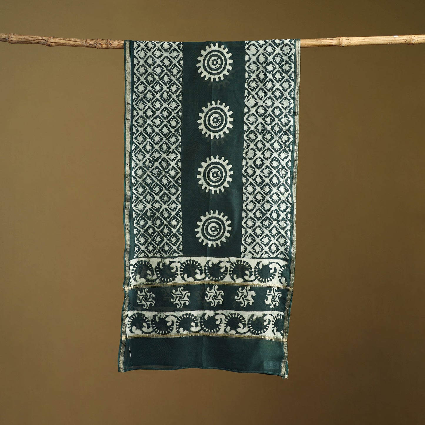 Green - Pipad Hand Block Print Natural Dyed Chanderi Silk Handloom Stole 64