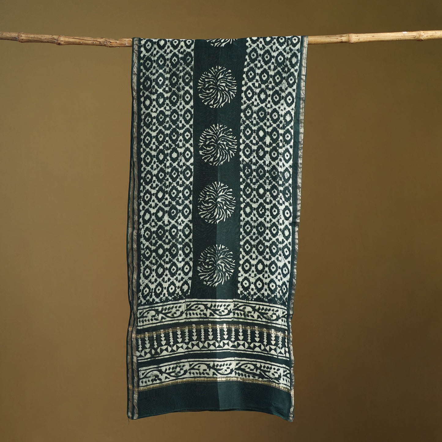 Green - Pipad Hand Block Print Natural Dyed Chanderi Silk Handloom Stole 65