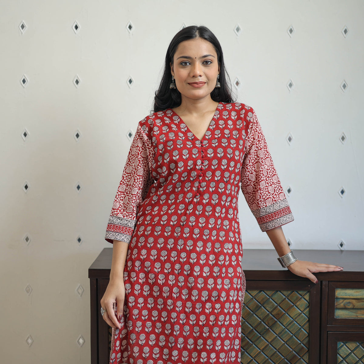 Red - Block Print Cotton Straight Bagh Kurta 11