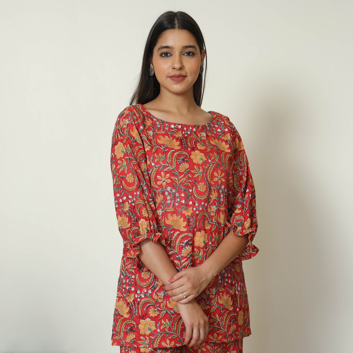 Red - Sanganeri Block Printed Cotton Night Suit Set 17