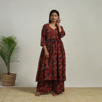 Red - Flared Cotton Block Print Kalamkari Kurta Set 05