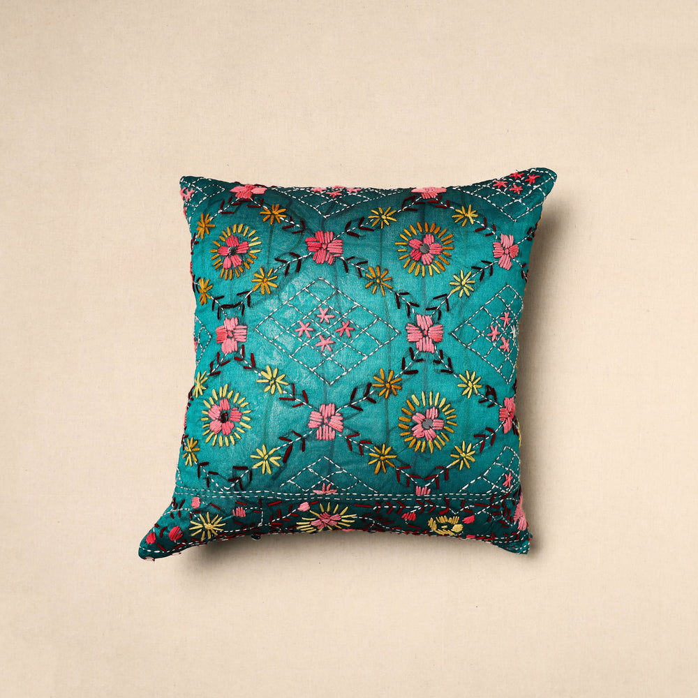 Green - Chinon Phulkari Embroidered Cushion Cover (16 x 16 in) 02