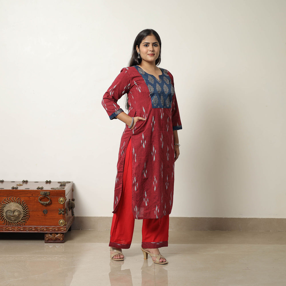 Maroon - Handloom Cotton Pochampally Ikat Kurta Set 02