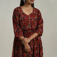 Red - Flared Cotton Block Print Kalamkari Kurta Set 05