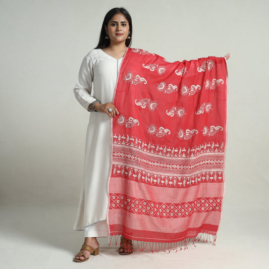 Red - Bengal Kantha Embroidery Cotton Handloom Dupatta 118