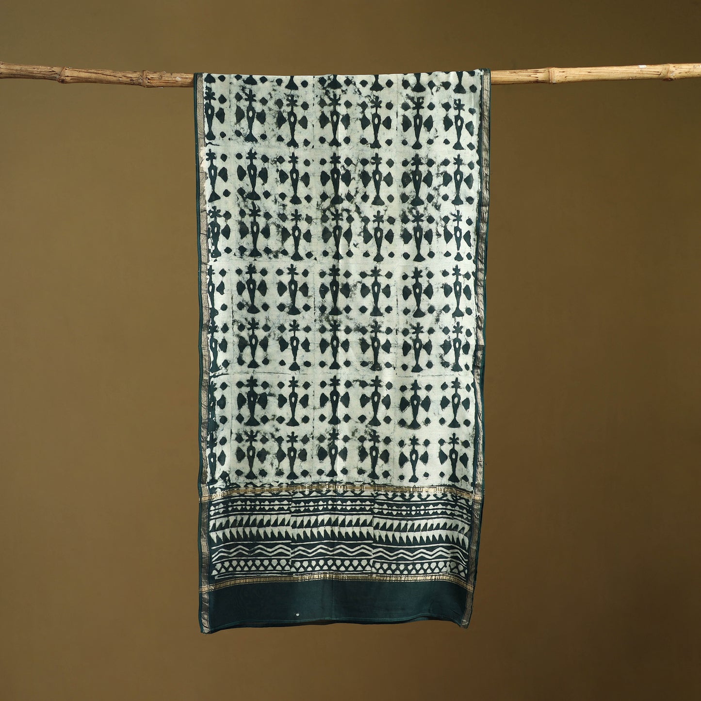 Green - Pipad Hand Block Print Natural Dyed Chanderi Silk Handloom Stole 67