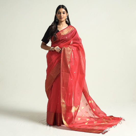 Red - Traditional Chanderi Silk Handloom Saree with Zari Border & Buti