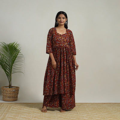 Red - Flared Cotton Block Print Kalamkari Kurta Set 04