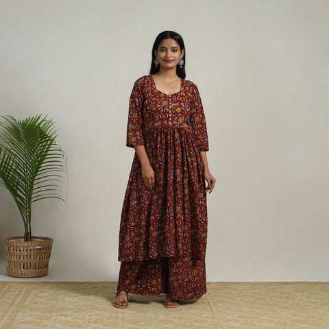 Flared Cotton Block Print Kalamkari Kurta Set 04