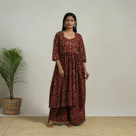 Buy Red Flared Cotton Block Print Kalamkari Kurta Set
