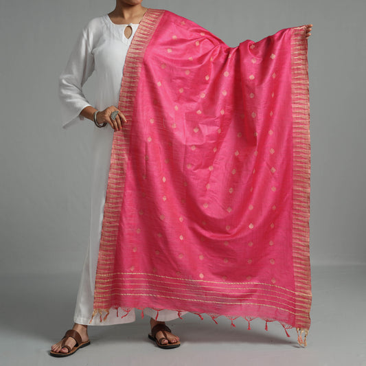 Pink Jamdani Buti Mulberry Silk Handloom Dupatta with Tassels