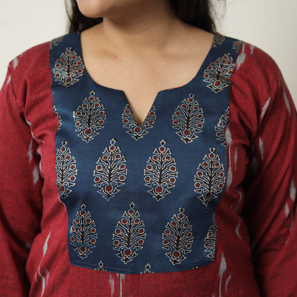 Maroon - Handloom Cotton Pochampally Ikat Kurta Set 02