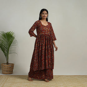 Buy Red Flared Cotton Block Print Kalamkari Kurta Set