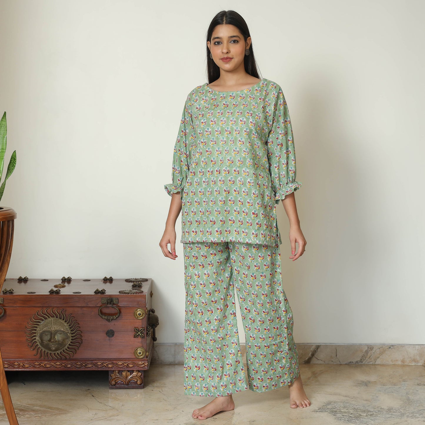 Green - Sanganeri Block Printed Cotton Night Suit Set 18