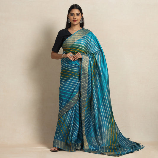 Blue - Multicolour Leheriya Tie-Dye Tussar Silk Handloom Saree
