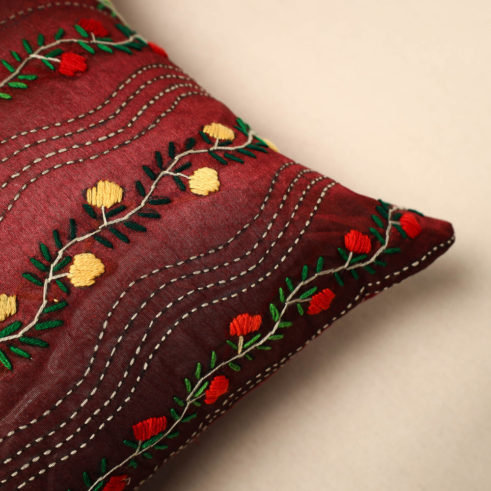 Maroon - Chinon Phulkari Embroidered Cushion Cover (16 x 16 in) 04