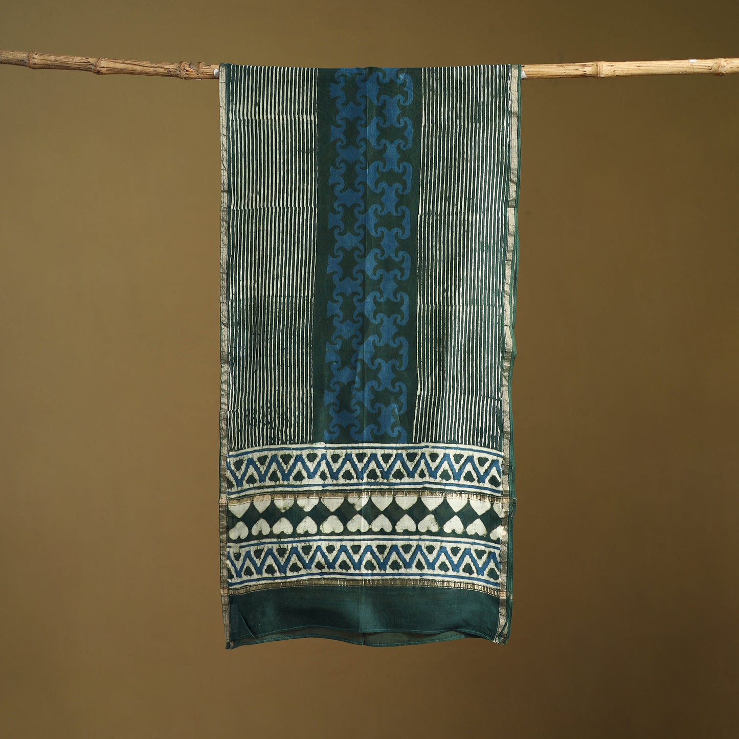 Green - Pipad Hand Block Print Natural Dyed Chanderi Silk Handloom Stole 69