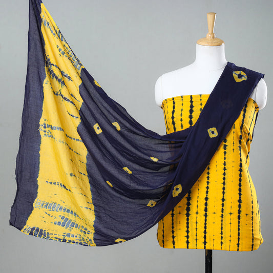 Yellow - 3pc Shibori Tie-Dye Mul Cotton Suit Material Set