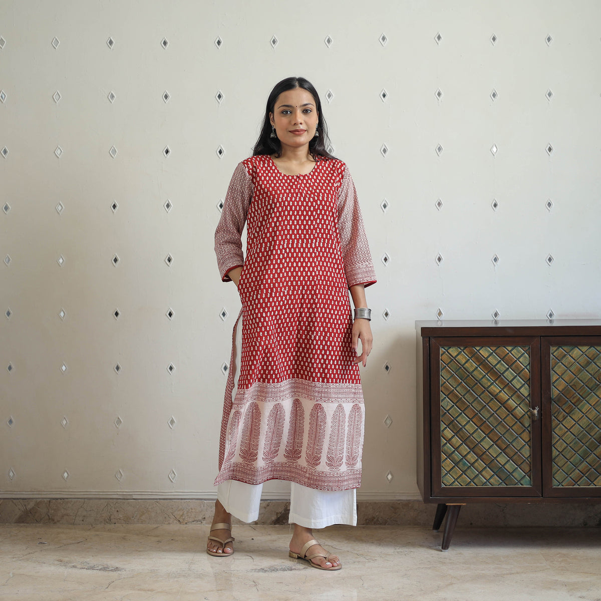 Red - Block Print Cotton Straight Bagh Kurta 01