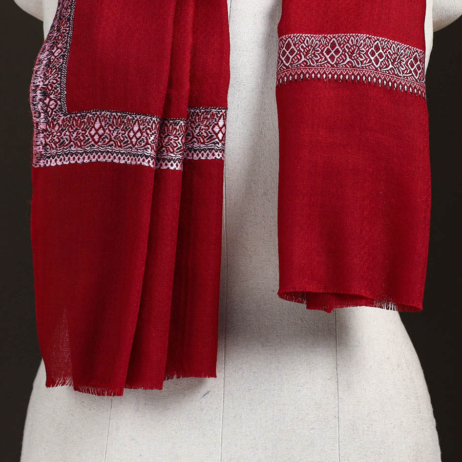 Red - Plain Weave Hashidar Fine Wool Stole for Women 13