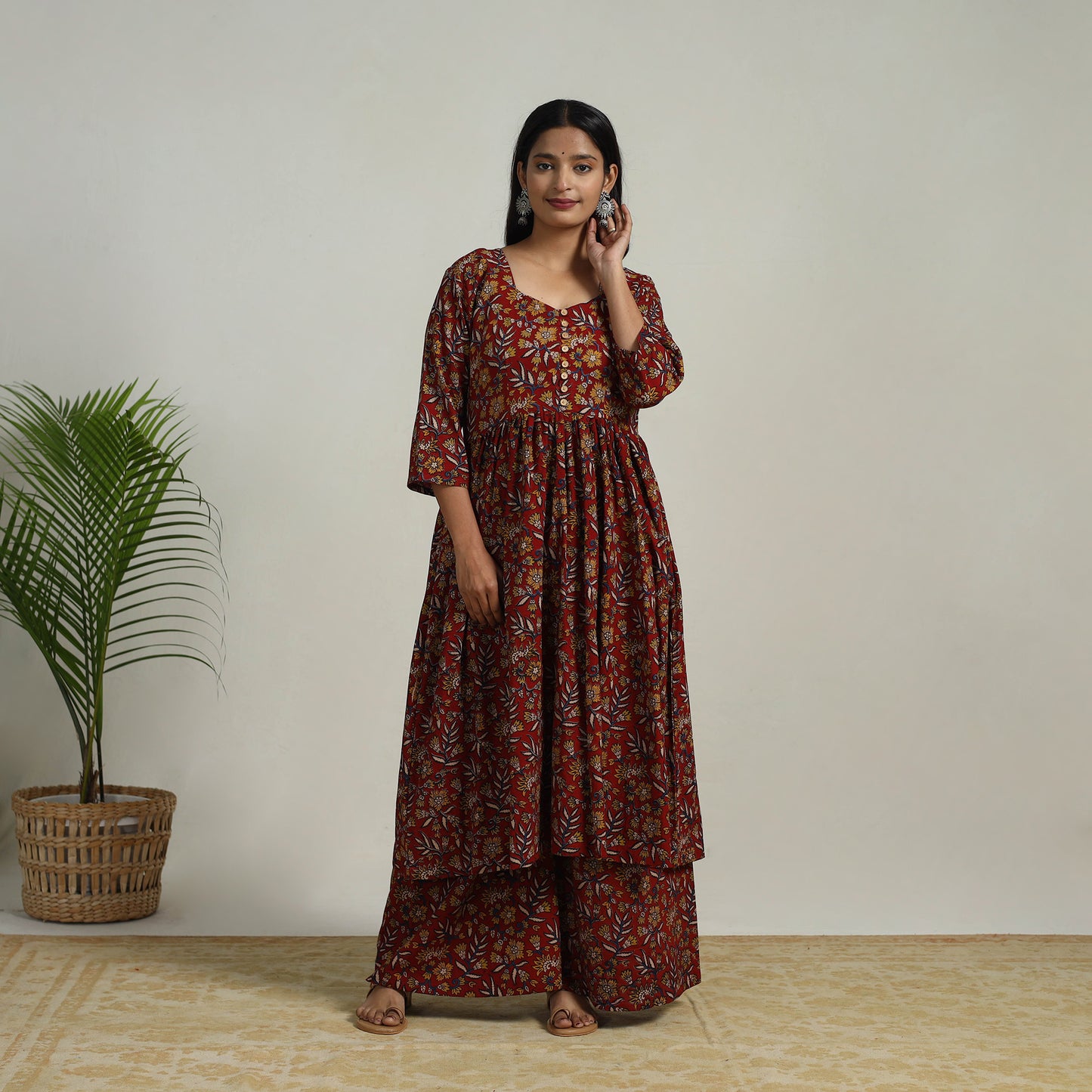 Red - Flared Cotton Block Print Kalamkari Kurta Set 04