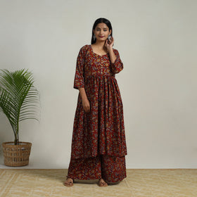Buy Red Flared Cotton Block Print Kalamkari Kurta Set