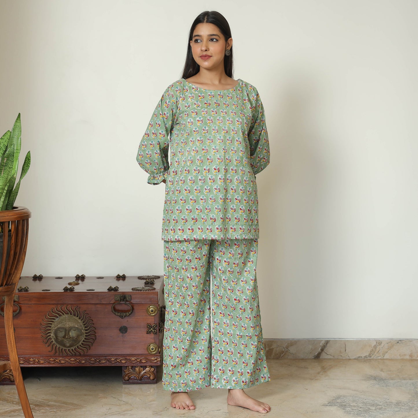 Green - Sanganeri Block Printed Cotton Night Suit Set 18