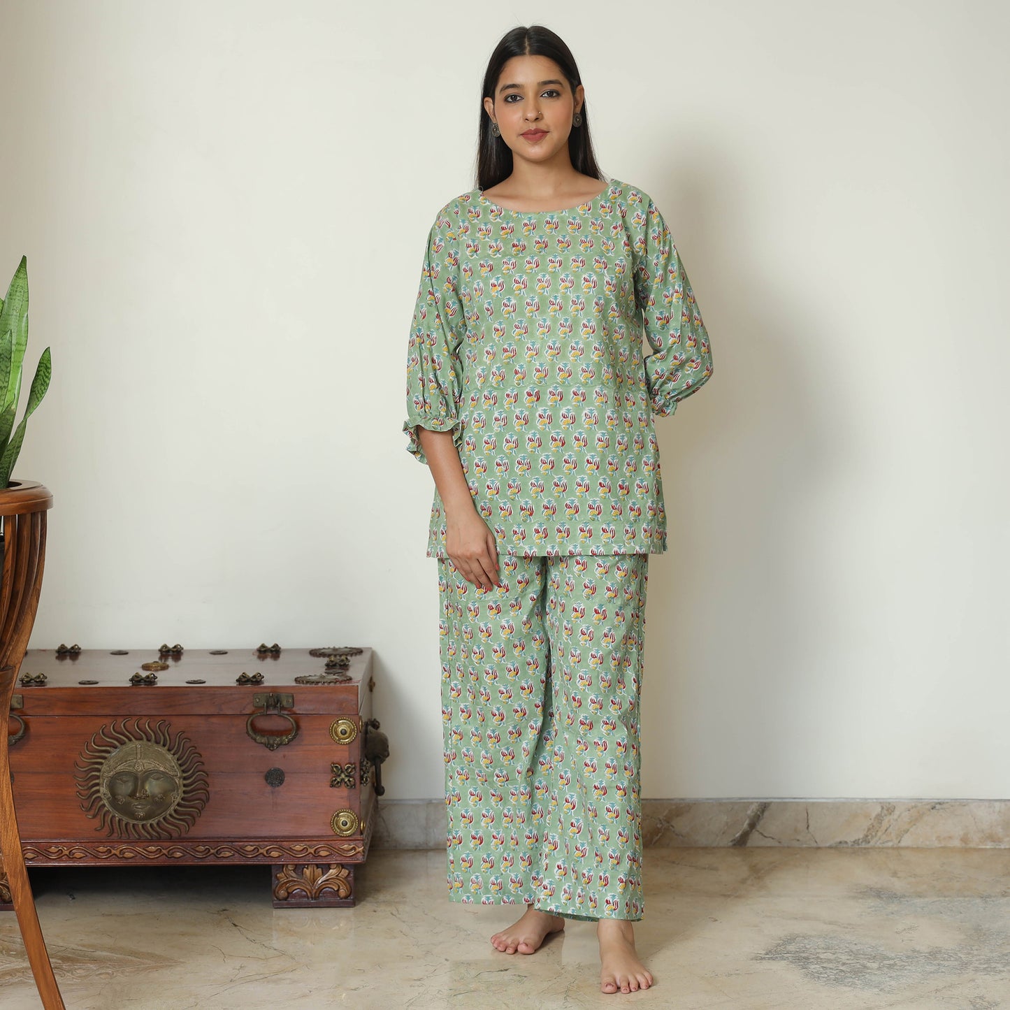 Green - Sanganeri Block Printed Cotton Night Suit Set 18