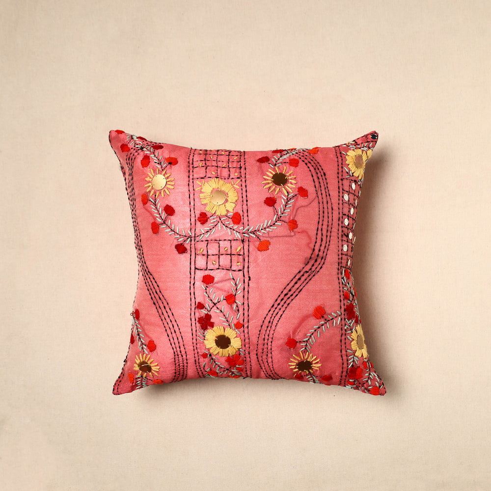 Peach - Chinon Phulkari Embroidered Cushion Cover (16 x 16 in) 05