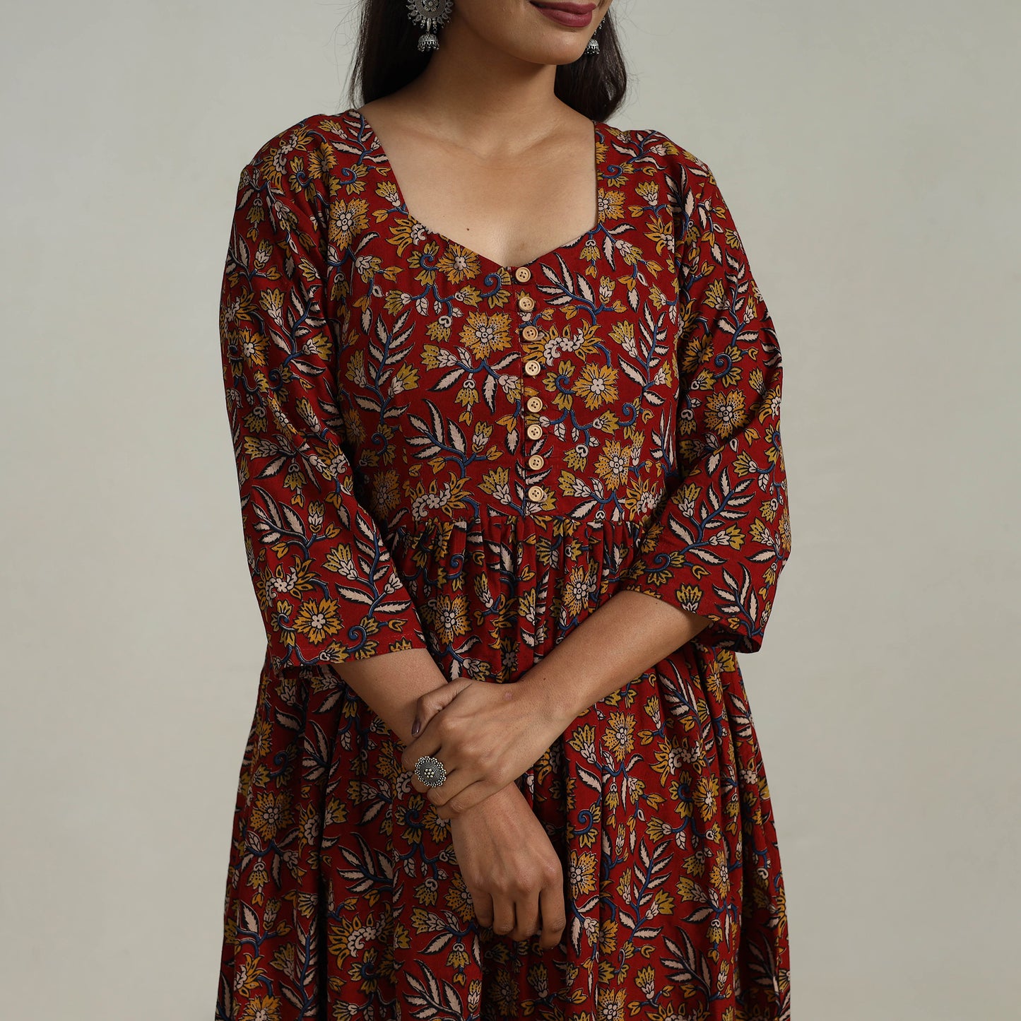 Red - Flared Cotton Block Print Kalamkari Kurta Set 04