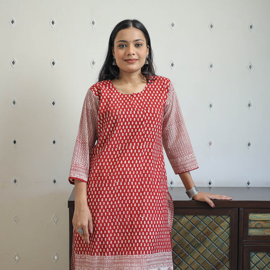 Red - Block Print Cotton Straight Bagh Kurta 01