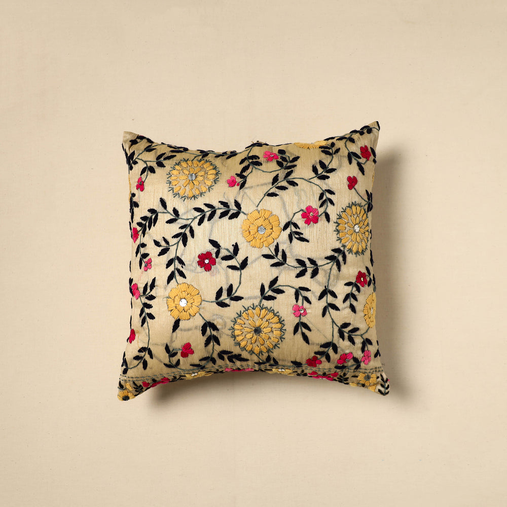 Beige - Silk Cotton Phulkari Embroidered Cushion Cover 01