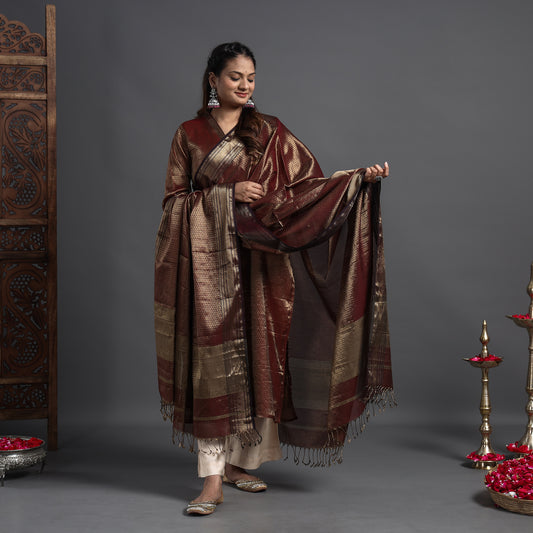 Dark Brown - Traditional Maheshwari Tissue Zari Work Cotton Handloom Kurta with Dupatta Set