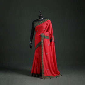 Tagai & Mirror Embroidered Ajrakh Patchwork Pure Mul Cotton Saree with Blouse Piece 02