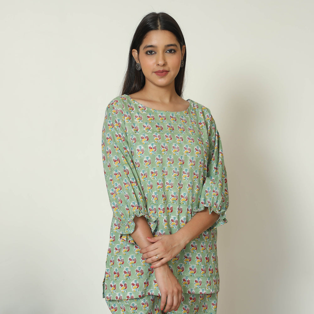 Green - Sanganeri Block Printed Cotton Night Suit Set 18